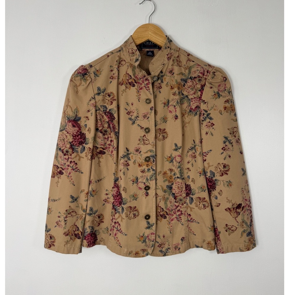 Cottagecore Chaps Denim Womens Sm Jacket Tan Floral Puff Sleeve Mandarin Collar